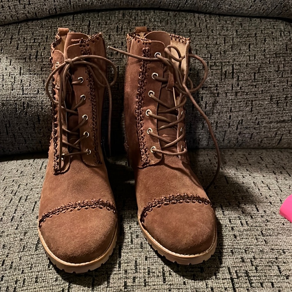 Jack Rodgers brown suede boots with tie strings and zipper side.
